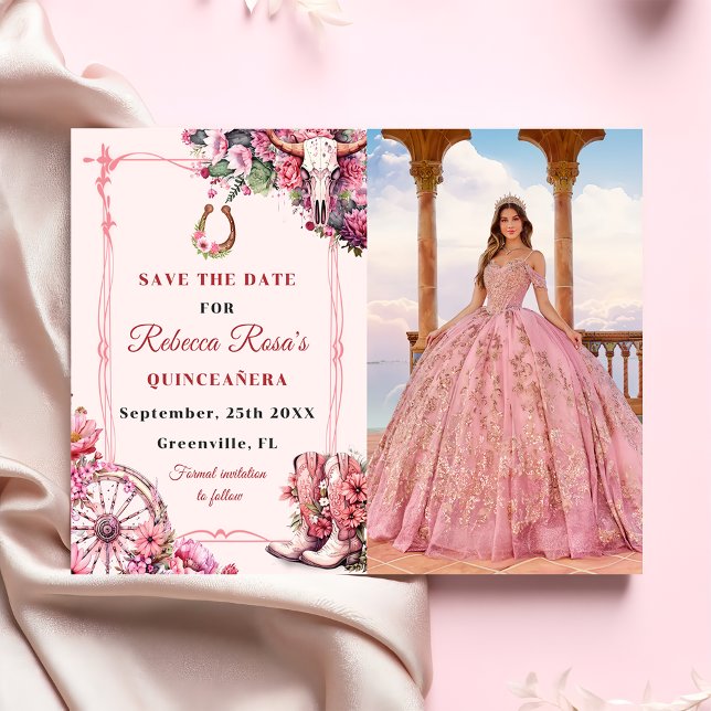 Pink Rustic Boho Western Charra Theme Quinceanera Save The Date (Creator Uploaded)