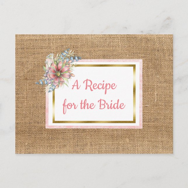 PInk Rustic Burlap Floral Wedding Recipe Card (Front)