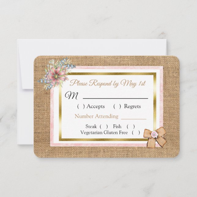 PInk Rustic Burlap Floral Wedding RSVP card (Front)