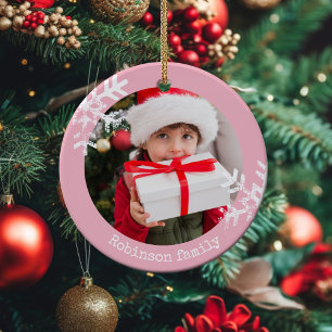 Pink Rustic Circle Photo Snowflakes Ceramic Tree Decoration