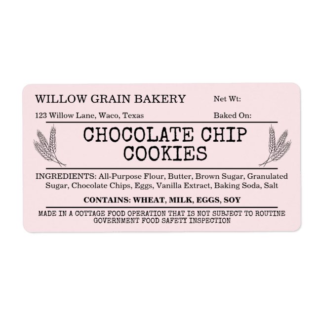 Pink Rustic Cottage Chocolate Chip Cookie Label (Front)