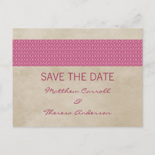 Pink Rustic Damask Save the Date Postcard