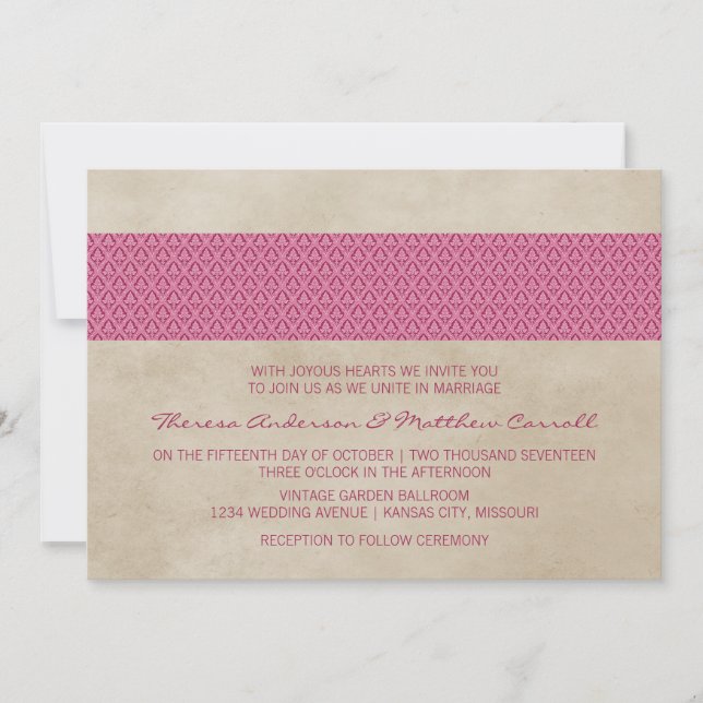 Pink Rustic Damask Wedding Invite (Front)
