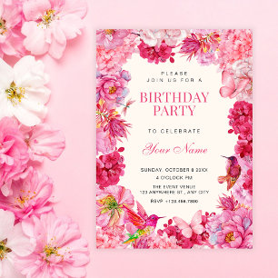 Pink rustic floral blooms birthday invitation