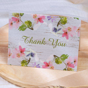 Pink Rustic Florals on White Wood Thank You Card