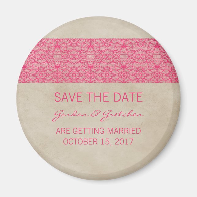 Pink Rustic Lace Save the Date Magnet (Front)