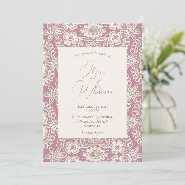 Pink Rustic Lace Wedding Invitations (Standing Front)