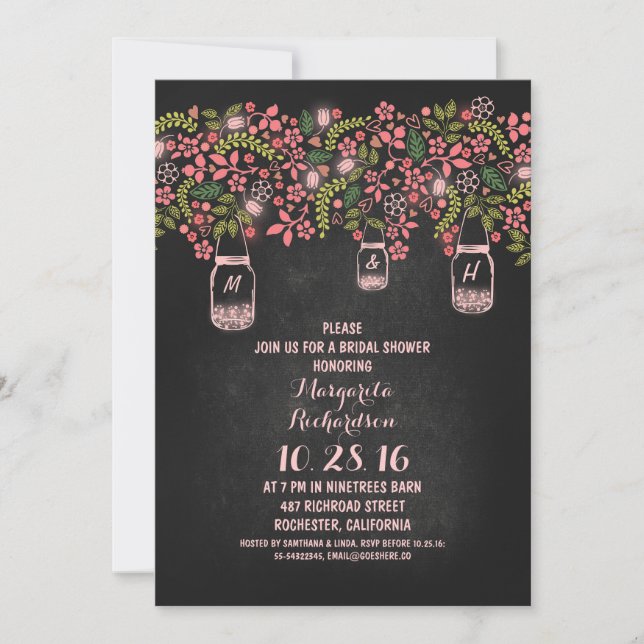 pink rustic mason jars chalkboard bridal shower invitation (Front)
