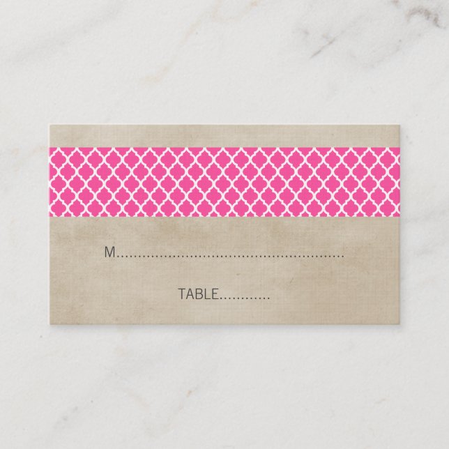 Pink Rustic Quatrefoil Wedding Place Card (Front)
