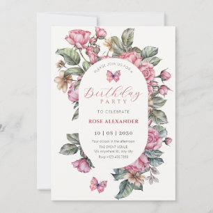 Pink rustic roses floral birthday invitation