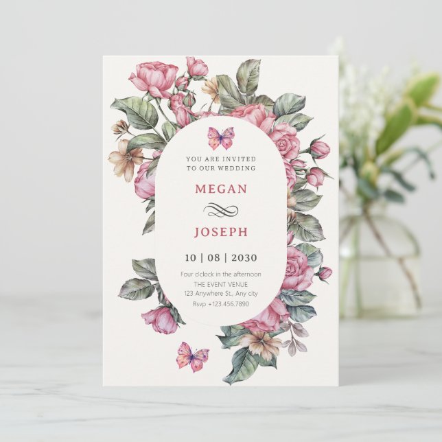 Pink rustic roses floral wedding invitation (Standing Front)