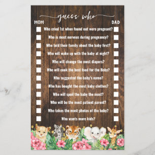 Pink Rustic Safari Guess Who Baby Shower Game Card