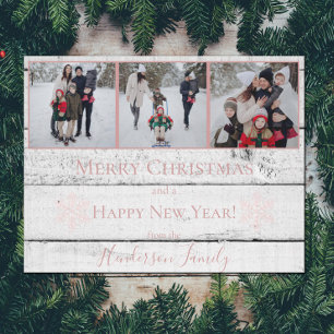 Pink Rustic Snowflakes Flat Holiday Photo Card