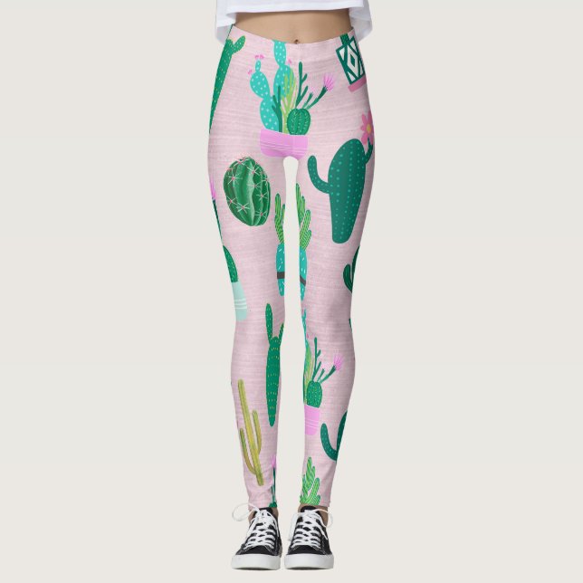 Pink Rustic Southwestern Cacti Cactus Plants Leggings (Front)