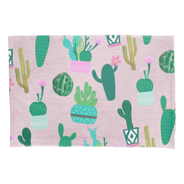 Pink Rustic Southwestern Cacti Cactus Plants Pillowcase (Front)