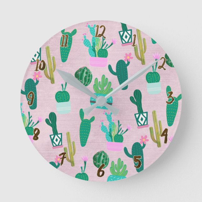 Pink Rustic Southwestern Cacti Cactus Plants Round Clock (Front)
