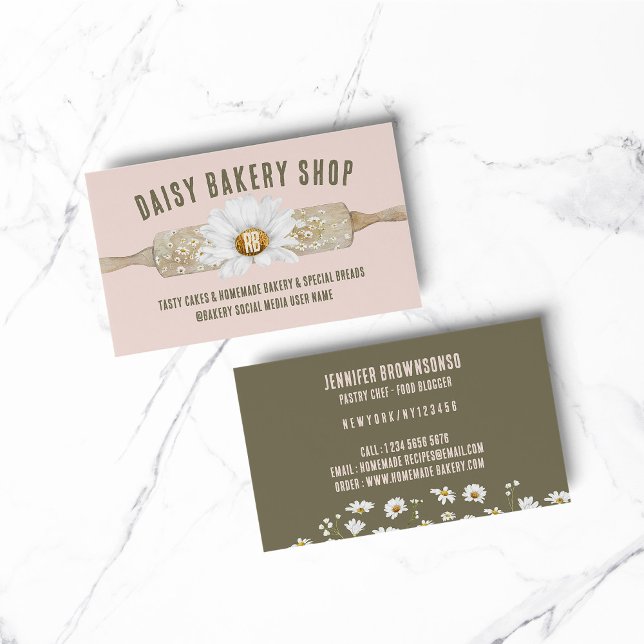 Pink Rustic Style Daisy Flower Bakery Business Card (BAKERY PASTRY CHEF COOK CAKE event planner business)