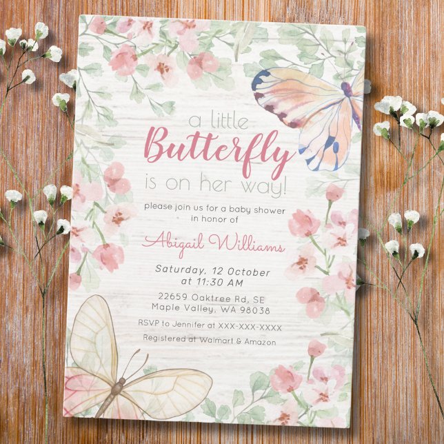 Pink Rustic Watercolor Butterfly Girl Baby Shower Invitation (Creator Uploaded)