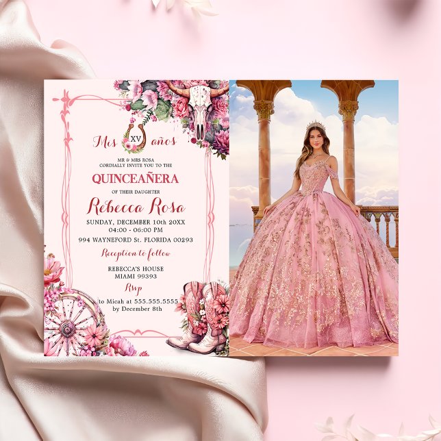 Pink Rustic Western Charra Theme Quinceanera Photo Invitation (Creator Uploaded)