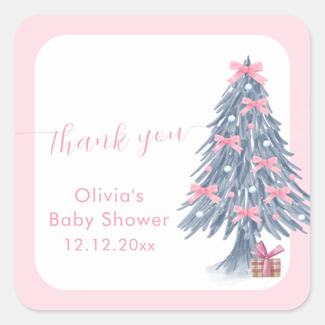 Pink rustic Winter Bow Christmas Tree Baby Shower  Square Sticker (Front)
