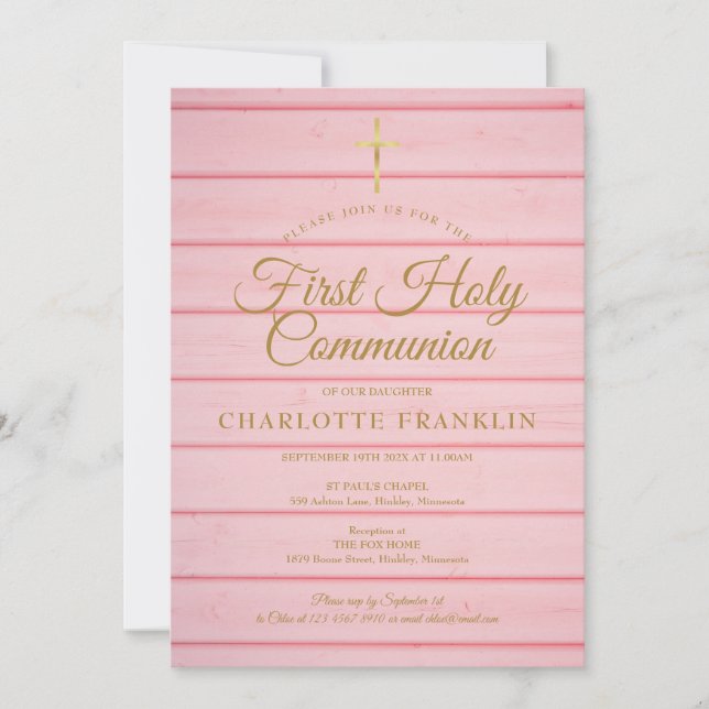 Pink Rustic Wood First Holy Communion Invitation (Front)