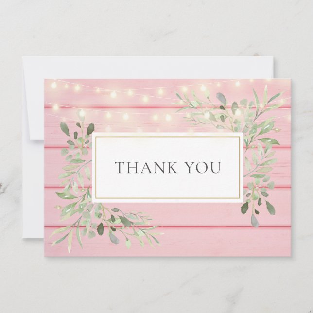 Pink Rustic Wood Greenery String Lights Thank You Card (Front)