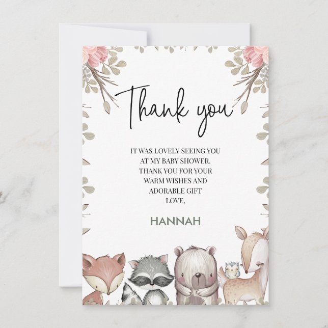 Pink Rustic Woodland Baby Shower Thank You Card (Front)