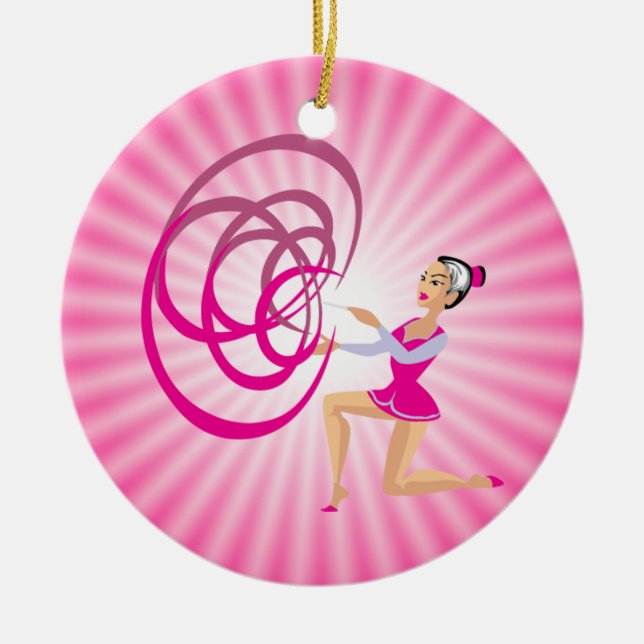 Pink Rythmic Gymnastics Ribbon Ceramic Tree Decoration (Front)