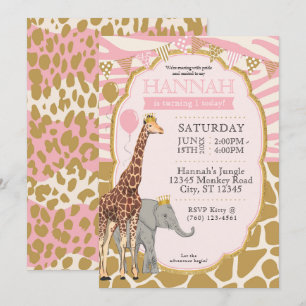 Pink Safari Animal 1st Birthday Invitation