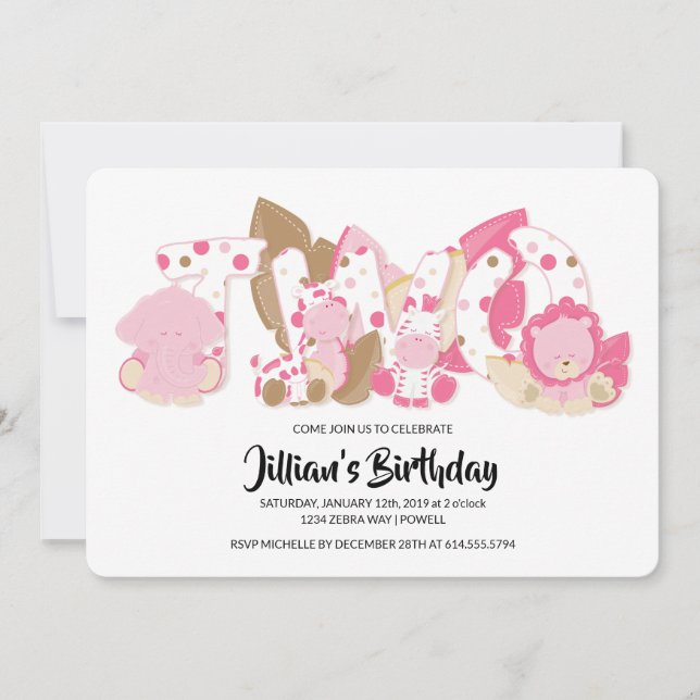 Pink Safari Animals 2nd Birthday Party Invitation (Front)