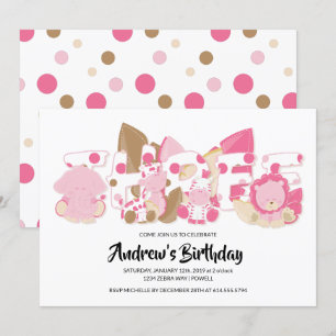 Pink Safari Animals 3rd Birthday Party Invitation