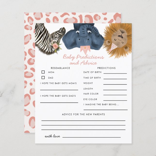 Pink Safari Animals Baby Predictions & Advice Card (Front/Back)