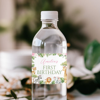 Pink Safari Animals Birthday Water Bottle Label