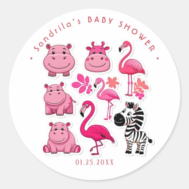 Pink Safari Animals Theme Girl Birthday Party  Classic Round Sticker (Front)