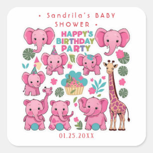 Pink Safari Animals Theme Girl Birthday Party  Square Sticker
