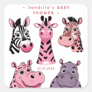 Pink Safari Animals Theme Girl Birthday Party  Square Sticker