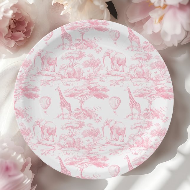 Pink Safari Animals Toile de Jouy Baby shower Paper Plate (Creator Uploaded)