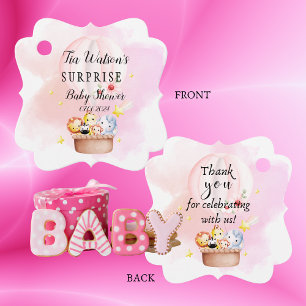 Pink Safari Baby Animals In a Hot Air Balloon  Favour Tags