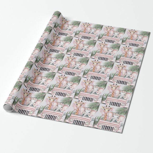 Pink Safari Jungle Adventure Girl Baby Shower Wrapping Paper (Unrolled)