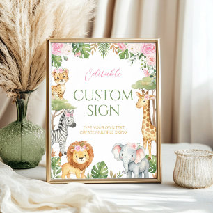 Pink Safari Jungle Animals Birthday Table Sign