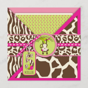 Pink Safari Jungle Monkey Fifth Birthday Invitation