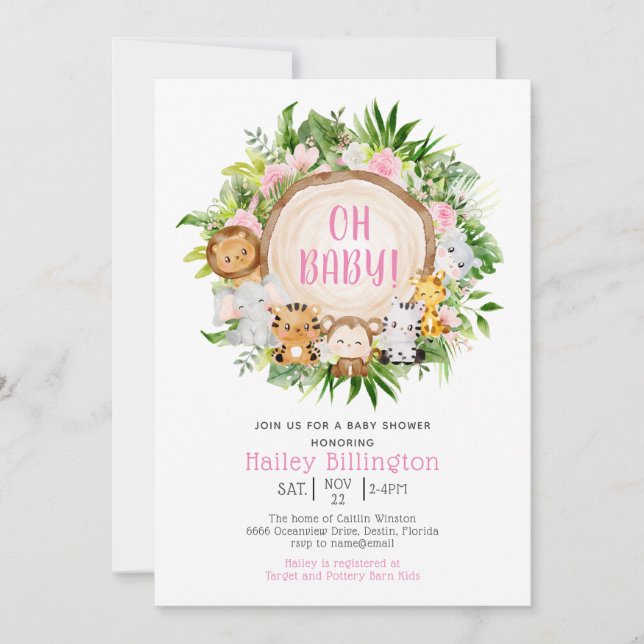 Pink Safari Jungle Oh Baby Watercolor Baby Shower Invitation (Front)