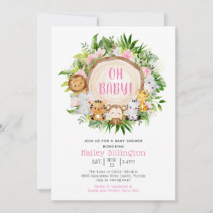 Pink Safari Jungle Oh Baby Watercolor Baby Shower Invitation