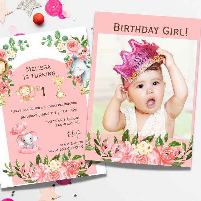 Pink Safari Theme First Birthday Photo Invitation (Creator Uploaded)