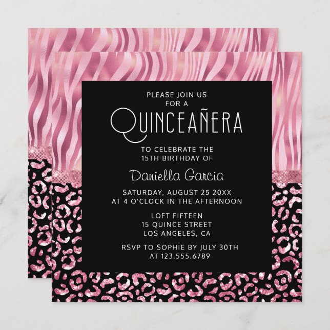 Pink Safari Tiger Leopard Shimmer Quinceañera Invitation (Front/Back)