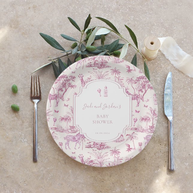 Pink Safari Toile de Jouy | Baby Shower Paper Plate (Creator Uploaded)