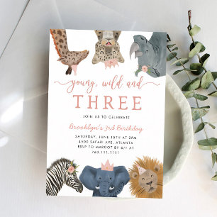 Pink Safari Young Wild Three Girl Birthday Invitation