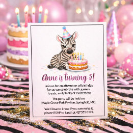 Pink Safari Zebra Girl Five Birthday Party Invitation