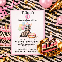 Pink Safari Zebra Girl Six Birthday Party Invitation