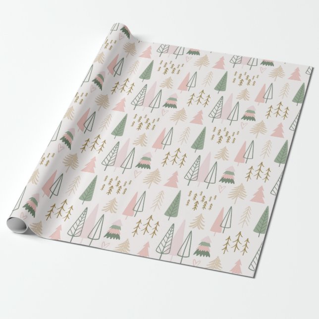 Pink Sage Boho Trees Christmas Holiday Wrapping Paper (Unrolled)